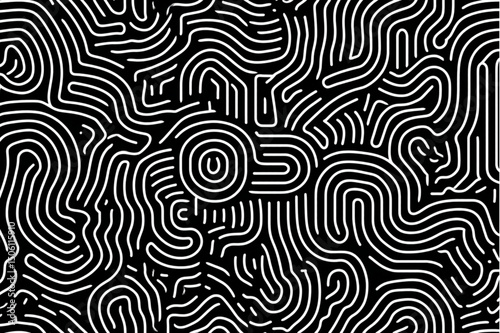 Abstract black background with white curved lines and a circular design in the center area