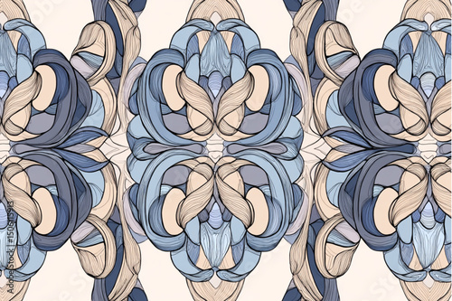 Abstract symmetrical pattern with blue and beige flowing lines and organic shapes forming design