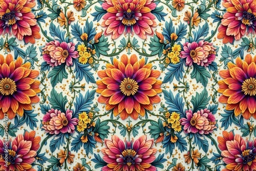 Intricate floral textile design, repeating motif , image, fabric, elegant