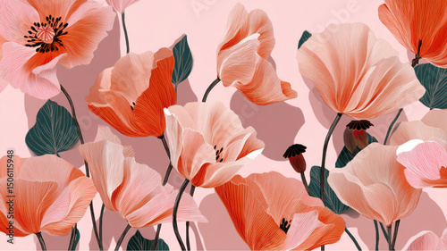 A delicate floral pattern featuring stylized poppies in shades of peach and coral on a pink background
