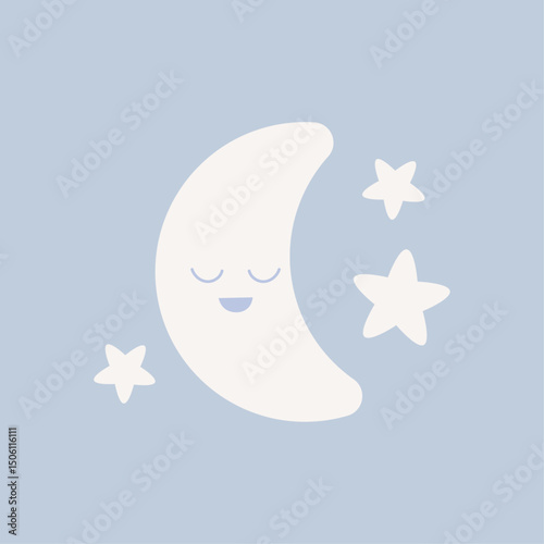 Vector illustration of cute sleeping moon and stars.  Good night, children's, scandinavian nursery print in soft pastel blue colors
