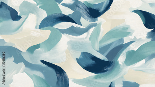 Abstract painting with blue and white brushstrokes creating a fluid and dynamic composition style