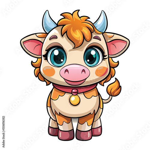 Cute cartoon cow with big eyes and a collar
