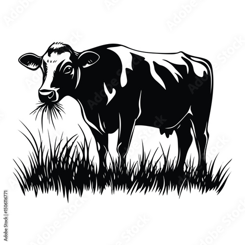 Cow silhouette, Grazing Cow on Green Grass Vector