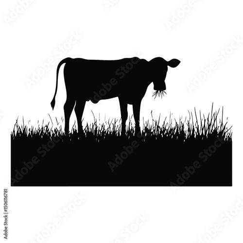 Cow silhouette, Grazing Cow on Green Grass Vector