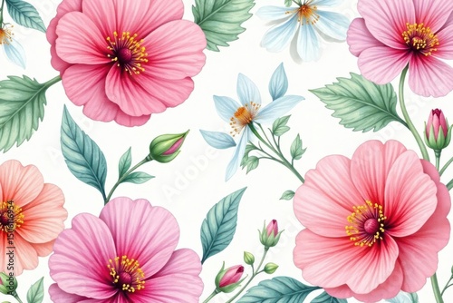 Delicate watercolor blooms, repeating pattern, seamless, photography