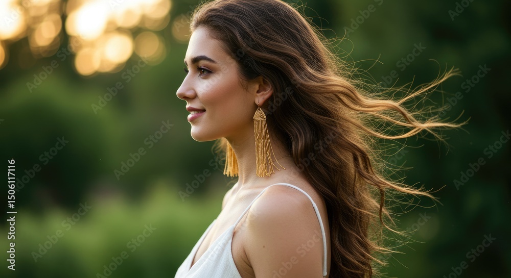 Naklejka premium Profile portrait of a young woman with flowing brown hair and gold earrings against a blurred green and yellow bokeh background captured in natural light