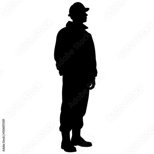 Silhouette of a male construction worker standing with a thoughtful expression against a plain white background, concept of construction and oil and gas industry.