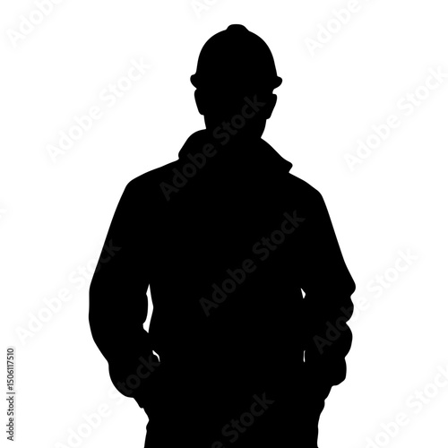 Silhouette of a construction worker standing confidently with hands in pockets against a plain white background, renovation concept of construction or engineering