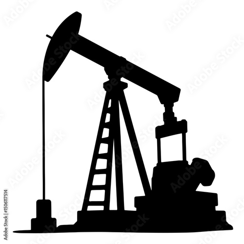 Silhouette of an oil pump jack in action against a white background, representing the energy industry and drilling operations, concept of oil and gas companies