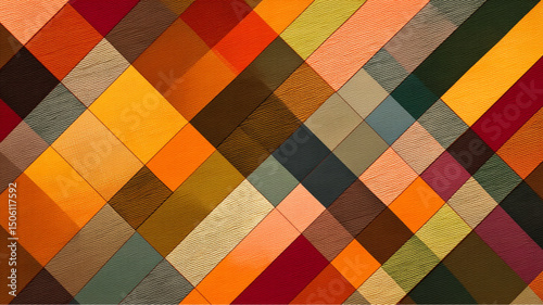 A colorful diagonal plaid pattern with squares of various shades and textures filling the entire frame