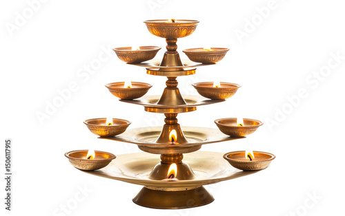 Elegant brass diya stand adorned with multiple tiers of traditional oil lamps Isolated on Transparent Background