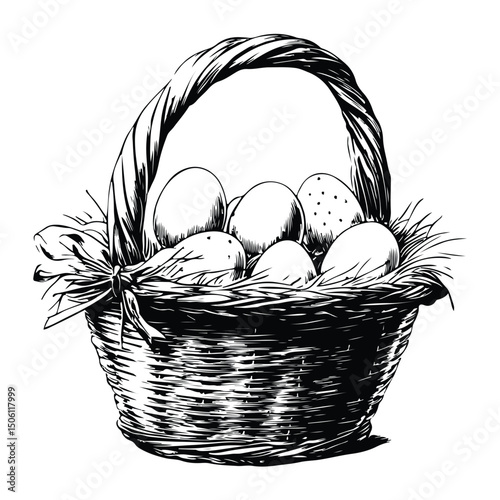 Silhouette of a Easter basket with eggs vector, Decorative basket filled with colorful eggs and flowers for a festive celebration