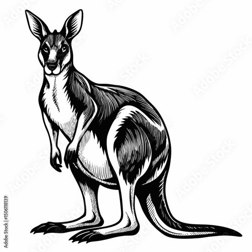 Sketch Australian kangaroo black and white illustration. Kangaroo drawn sketch in doodle style on a white background. Illustrated in vintage hand-drawn style.