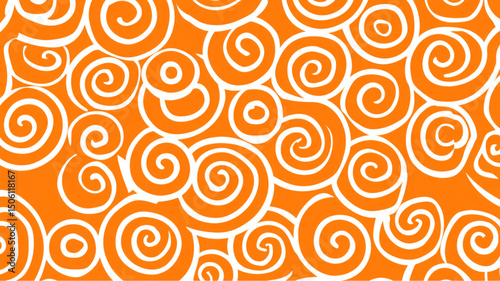 An orange background filled with white spiral shapes of varying sizes and orientations covering the surface
