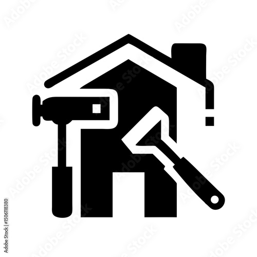 Home Improvement Tools: Black and white vector icon featuring a house, hammer, and scraper, symbolizing home repairs and upgrades. Ideal for real estate, renovation, and DIY project visuals.
