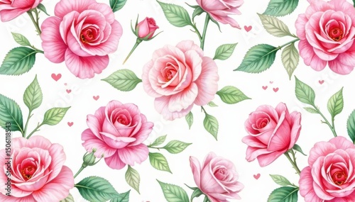 Delicate watercolor roses & leaves, repeating seamlessly , leaves, texture