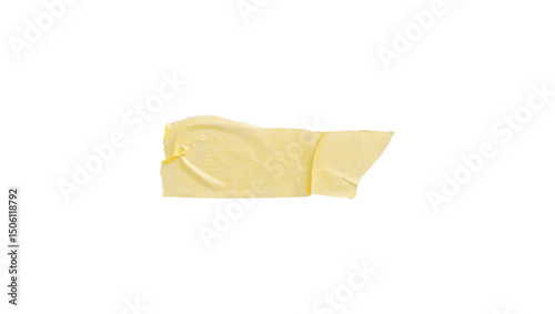 Yellow painter's tape isolated on white background, macro. Torn, crumpled, twisted strips of yellow painter's tape on white background, close-up.