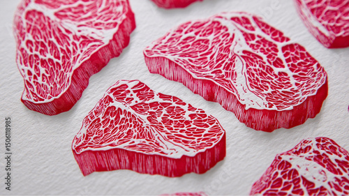 Close up of red and white meat cuts arranged on a white surface in a studio setting with bright light