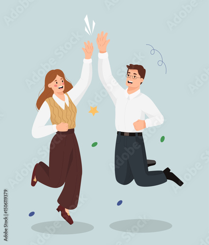 Happy businesswoman and businessman jumping and giving a high five with confetti around, cartoon style on light blue background. Concept of teamwork success. Vector illustration