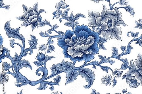 A detailed blue and white floral pattern with large blossoms and swirling stems on a white background