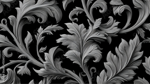 Detailed monochrome floral pattern featuring swirling leaves against a dark background design element