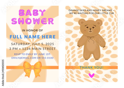 Two-sided orange baby shower template, front and back side. Invitation with bubble font title, text example of filling in data and orange bow, and thank you card with a ginger bear 