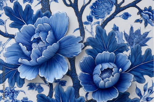 A detailed close up of blue and white floral patterns on a ceramic surface with branches artfully placed