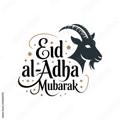 A stylized goat silhouette accompanies the festive greeting Eid al-Adha Mubarak in elegant black and gold lettering.