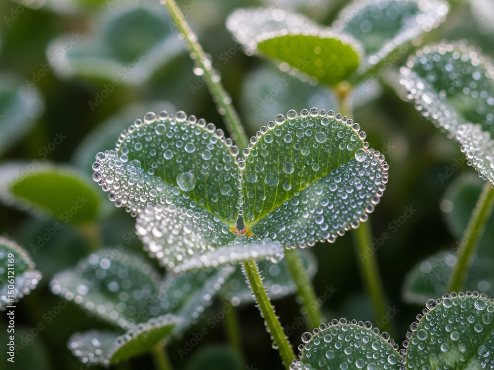 A macro shot focusing on several clear water droplets resting on the surface of a vibrant green leaf A macro shot focusing on several clear water droplets resting on the surface of a vibrant green leaf