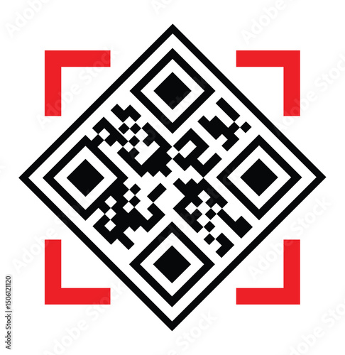 Minimalist black and white QR code centered in a bold red square border, isolated on a clean white background. Technical, functional design with sharp geometric pixels, direct front view.