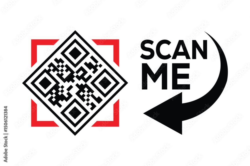 Obraz premium Centered black and white QR code with bold red framing, 