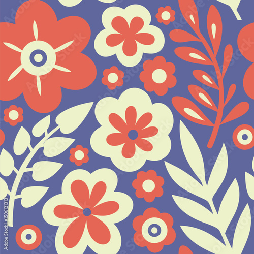 Seamless floral pattern with retro style featuring orange and cream flowers on a purple background