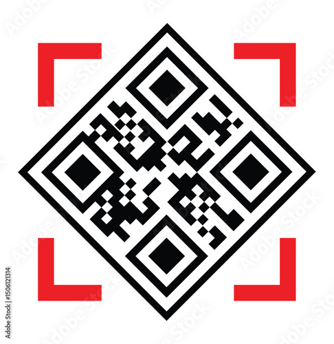 Minimalist black and white QR code centered in a bold red square border, isolated on a clean white background. Technical, functional design with sharp geometric pixels, direct front view.