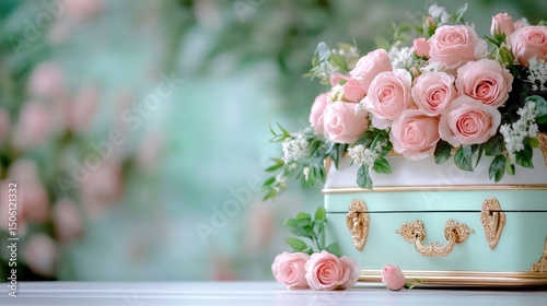 Gold-accented chest brimming with pink roses and green leaves on a soft blurred background. Vintage elegance, gentle floral touch.