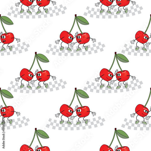 Groovy funky cherries seamless pattern. Fruit characters with arms, legs and emotions. Red, pink, green and grey colors on white background. Vector design for textile, wallpaper, cover.