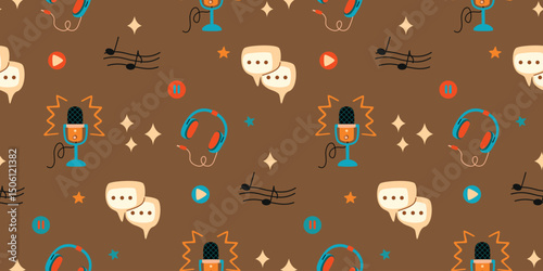 Musical seamless pattern with  headphones, microphone, musical notes, start and pause buttons. Blue, orange, yellow and brown colors. Vector design for textile, wallpaper, cover. Cartoon illustration.