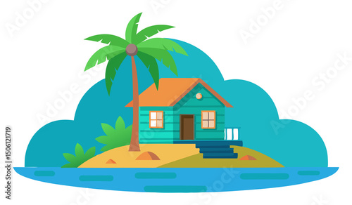 colorful house on the beach on a transparent PNG background