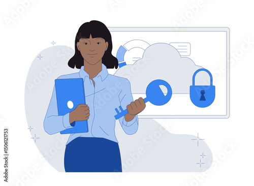 Woman holding a large key and folder in front of cloud storage icons, flat style on white background. Concept of data access, cloud security. Vector illustration