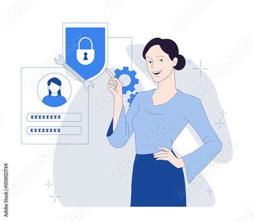Woman pointing at privacy icons with padlock, gear and profile on abstract white background, symbolizing secure login and data protection. Vector illustration