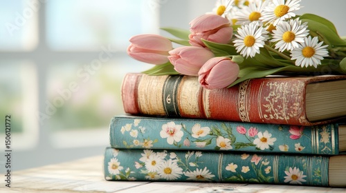 Pile of old books with floral patterns, a bouquet of daisies and tulips resting in a sunlit room. Vintage style with rustic charm and shabby chic touches.