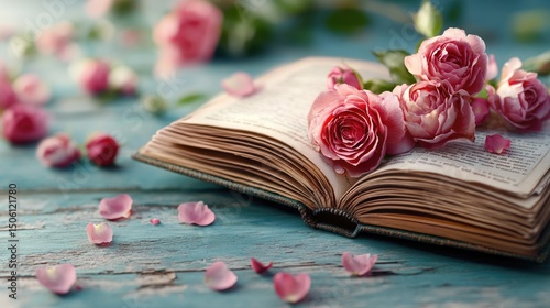 An old book with rose designs on its pages, surrounded by red and pink roses on a distressed backdrop, in rustic style with retro flair and shabby chic details.