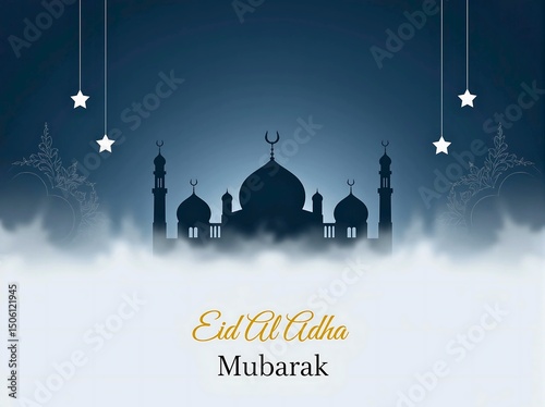 Night Eid al Adha Mubarak Mosque Silhouette with Hanging Stars and Fog – Islamic Festival Celebration Background, Islamic festival backgrounds