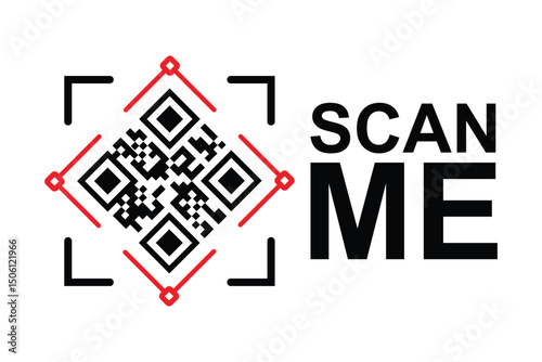 Centered black and white QR code with bold red framing squares. "SCAN ME" in modern sans-serif font below on clean white background. High-contrast, minimalist design for easy scanning functionality.