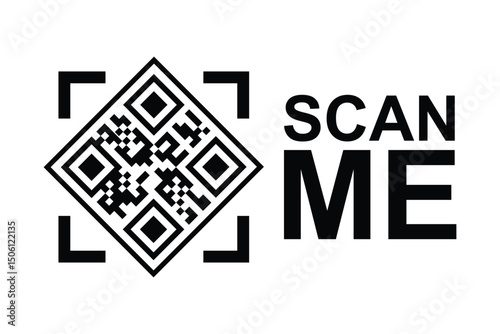 Centered black and white QR code with bold red framing squares. "SCAN ME" in modern sans-serif font below on clean white background. High-contrast, minimalist design for easy scanning functionality.