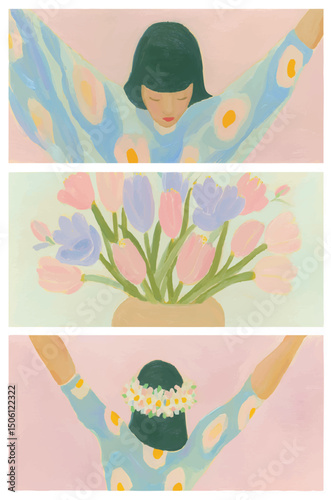 Painting design with copyspace, Japanese woman, vintage bohemian boho floral feminine purple lilac gouache acrylic art vector illustration femininity peace calm celebrate freedom