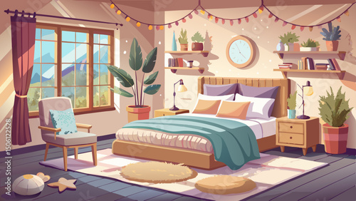 A cozy bedroom features a soft bed adorned with fluffy pillows, creating a tranquil space for rest. Natural light, neutral colors, and simple decor enhance the peaceful ambiance.