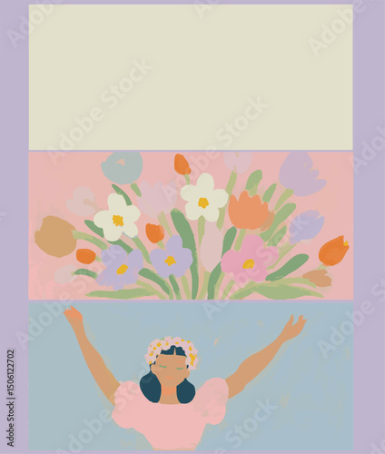 Painting design with copyspace, flowers vintage bohemian boho floral feminine purple lilac gouache acrylic art vector illustration femininity peace calm quaint