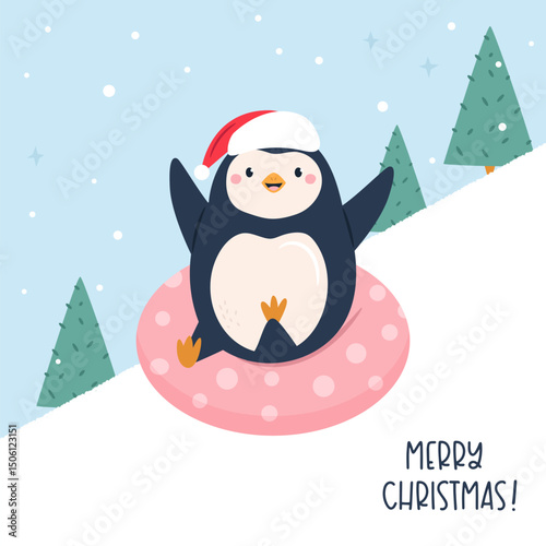Cute Penguin Sledding Christmas Card. Fun Winter Holiday Illustration