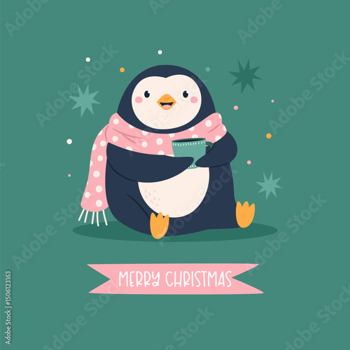 Cute Christmas Penguin Illustration. Cozy Winter Holiday Art with Mug and Scarf for Holiday Greetings